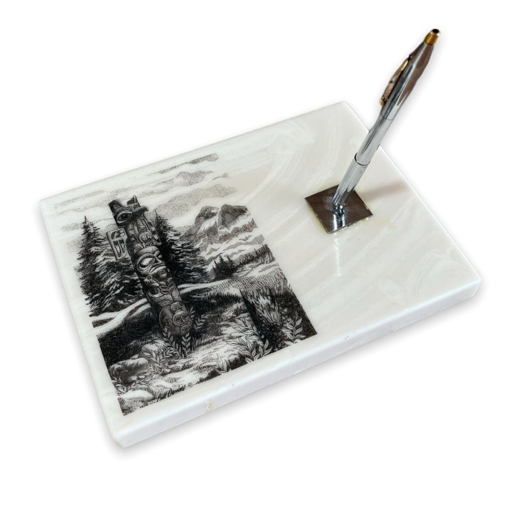 Bill Devine‎ Etched Marble Desk Pen Holder 1979 Vintage Totem Alaskan